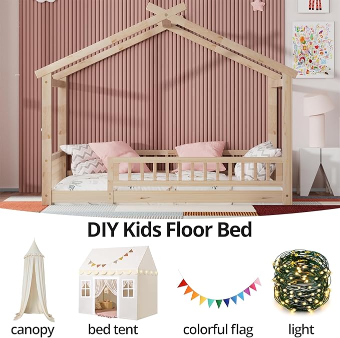 LLS Twin House Bed with Fence, Wooden Montessori Bed with Slats Support, Floor Bed Frame for Boys Girls Bedroom, Natural