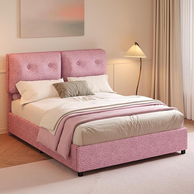 Full Size Bed Frame with Headboard, Cloud Boucle Upholstered Bed Frame, Modern Soft Style, Adjustable Headboard, No Box Spring Needed, Easy Assembly, Pink