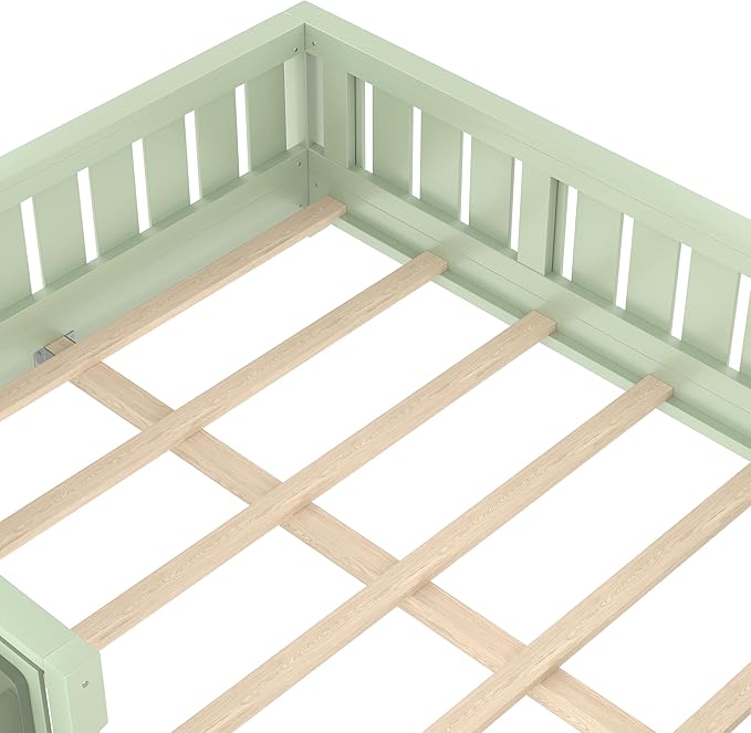 Bellemave Full Size Floor Bed with high Rails and with Built-in Bookshelf for Kids, Girls, Boys, Wood Montessori Floor Bed Without Door, Avocado Green