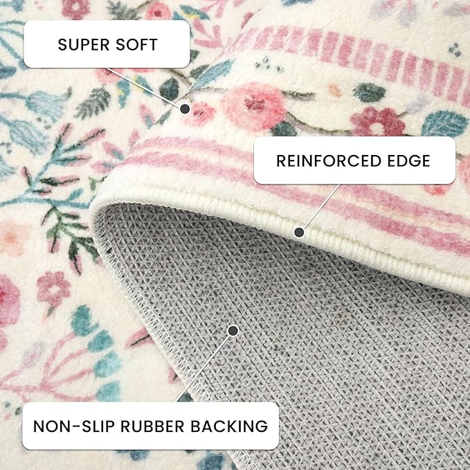 Rugs for Living Room 5x7, Pink Boho Thin Washable Non-Slip Area Rugs for Bedroom Girls, Soft Floral Low-Pile Nursery Carpet for Dining Room Kids Room Playroom Indoor, Pink/Multi