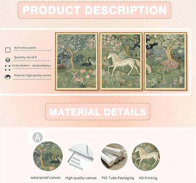 Vintage Woodland Animal Nursery Wall Art Magic Horse Bear Deer Poster Green Fantasy Forest Botanical Pictures Decor Fairy Tale Nature Painting Canvas Print Artwork for Kids Room Living Room, Unframed