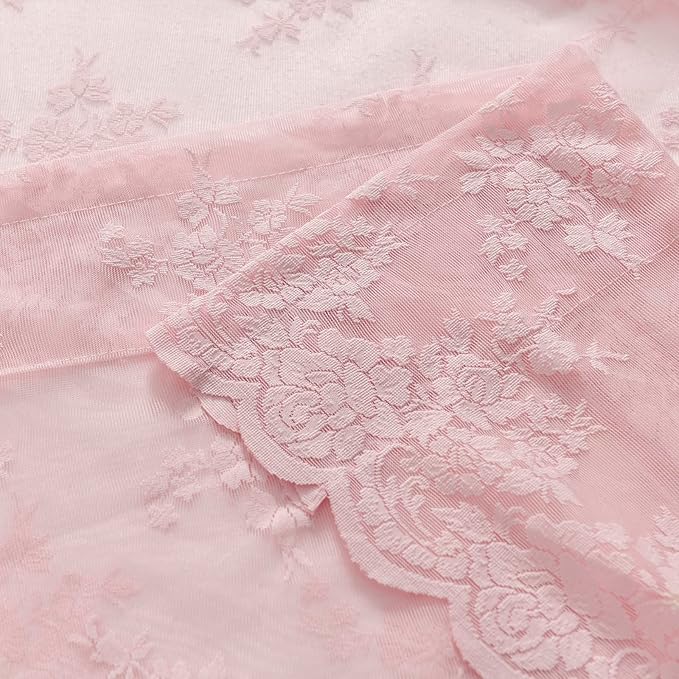 Kotile Pink Lace Curtains 84 Inches Long, 2 Panels, W42 x L84 Inch Each, Country Rustic Floral Pink Colored Sheer Curtains for Living Room, Rod Pocket Privacy Light Filtering Vintage Lacy Curtain