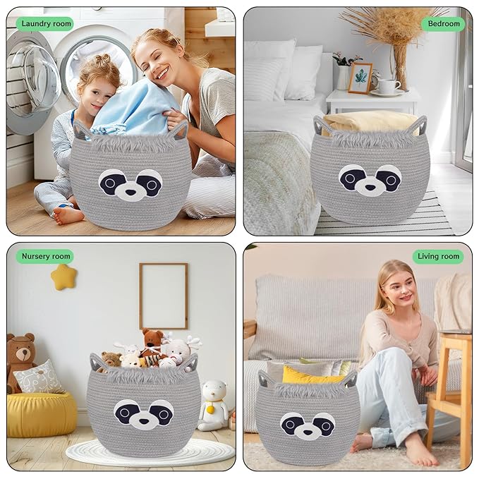 Large Basket for Nursery, Raccoon Blanket Gift Basket, Woven Rope Cotton Storage, Baby Bear Laundry 0rganizer with Ears Handles, Cute Animal Baskets Clothes Gifts Decor Storage Bins,13"D×12"H