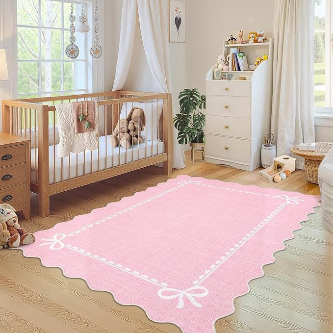 GarveeHome Scalloped Bow Rug for Living Room, Solid Pink Rug for Dorm, Washable Rugs 8x10 Soft Low Pile Non Slip Scalloped Rugs for Nursery College Bedroom Decor Kids Room Playroom