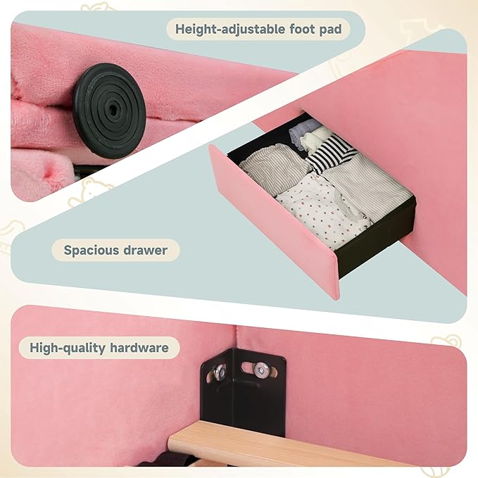 Toddler Bed Frame with 2 Drawer and Storage Bag, Kids Bed with Removable Safety Rails, Standard Crib Size Portable Beds, Safety Upholstered Child Beds for 1-6 Years Old