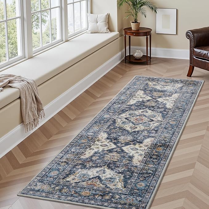 AMOAMI-2X3 Small Rug-Washable Rugs Entryway Mat Indoor-Soft Vintage Non Slip Rugs for Kitchen Laundry Room Bathroom Blue Decorative Accent Rug for in Front of Sink 24 Inch x36 Inch