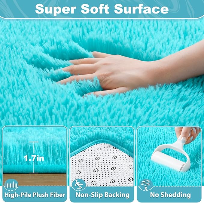 EVOIONOS 5x7 Washable Large Area Rug for Living Room, Fluffy Shag Rug for Bedroom, Ultra Soft Plush Non Slip Indoor Floor Bedside Nursery Kids Girls Room Dorm Carpet, Home Decor Aesthetic, Teal Blue