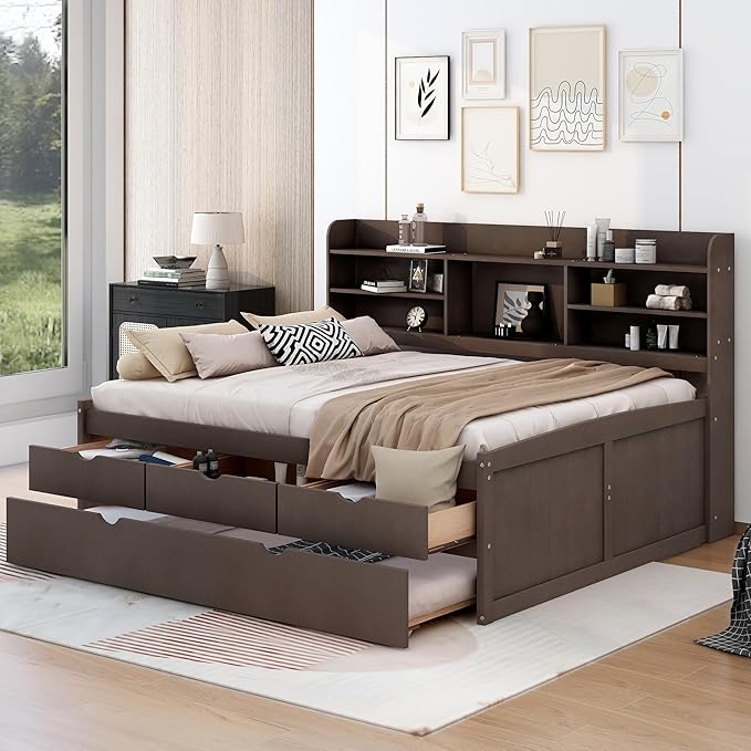 Harper & Bright Designs Full Size Captain Bed with Built-in Bookshelves/3 Storage Drawers/Trundle, Wooden Full Daybed Bed Frame for Kids Teens Dorm Bedroom Multipurpose Guest Room, Antique Gray