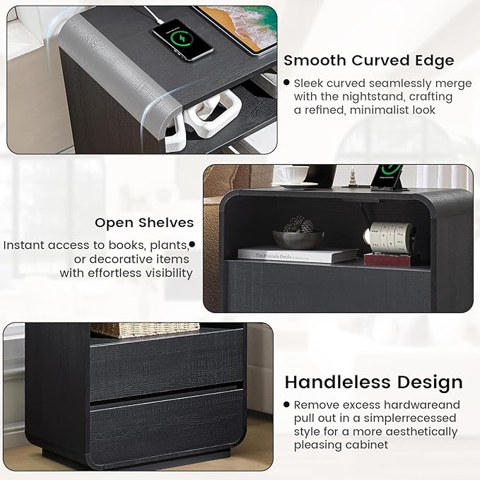 Black Curved Nightstand Set of 2 with Charging Station, 23.2" Wide Wood Bedside Table 2 Storage Drawers, Modern Side Table Handleless, Large End Table Night Stand for Bedroom