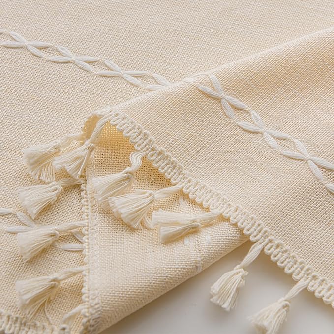 Deeprove Boho Curtains 96 Inches Long for Bedroom Living Room, Beige Cotton Linen Stripes Embroidery Weighted, Bohemian Farmhouse Window Treatment Drape Tassels, 1 Panel W52 x L96, Champagne