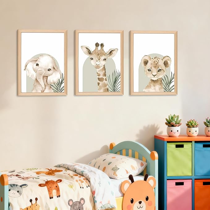 Framed Cute Animal Wall Art Nursery Decor Set of 3, Watercolor Elephant Giraffe Lion Canvas, Whimsical Wildlife Pictures Print, Nursery Wall Decor for Kids’ Bedroom Daycare – 16x12 inch