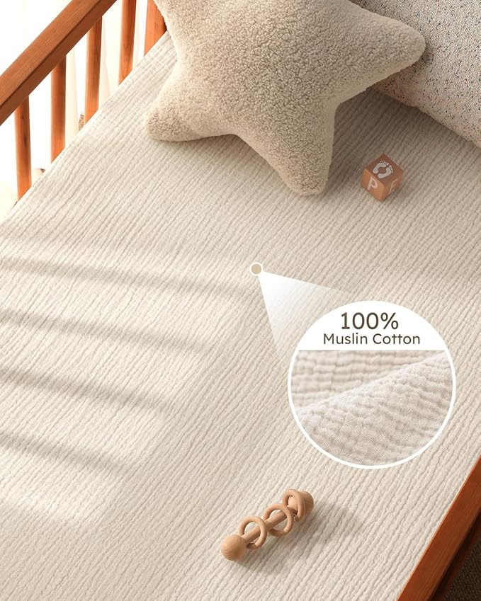 Muslin Crib Sheets for Boys Girls, 100% Cotton Fitted Crib Sheet 2 Pack for Standard Crib and Toddler Mattress, Breathable Soft Baby Sheet 28x52x8in Beige & Khaki