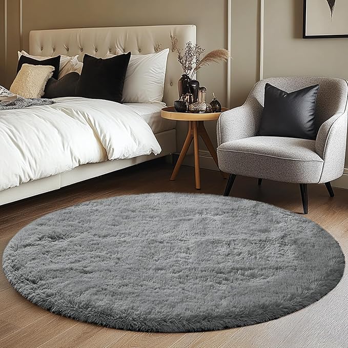 CAIYUECS Grey Round Rug for Bedroom: 4x4Feet Soft and Fluffy Area Rug for Living Room- Circle Fuzzy Bedroom Rug- Oval Furry Plush Rug for Kids Room, Nursery (4ft, Grey)