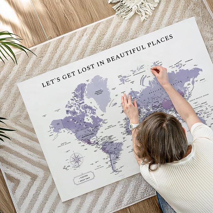 ElephantStock - Beautiful Places II Push Pin World Map Wall Art - Horizontal Canvas Wall Art - Living Room Wall Decor - Digital Art Map Canvas Art - White And Black Decor - 45" x 30"