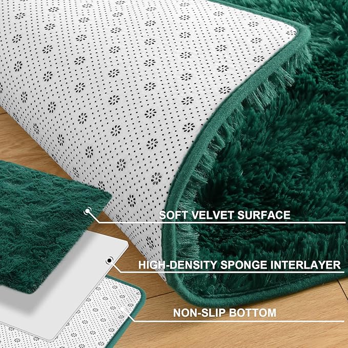 Merelax Soft Modern Indoor Shaggy Area Rug for Bedroom Livingroom Dorm Kids Room Home Decorative, Non-Slip Plush Fluffy Furry Fur Rugs Comfy Nursery Accent Floor Carpet 4x5.9 Feet, Deep Green