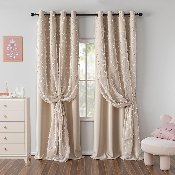 MYSKY HOME Double Layer Curtains for Girls Bedroom Kids Curtain Beige Pom Pom Sheer Window Curtains 2 Panels Beige Curtains Grommet Room Darkening Solid Nursery Curtains 63 Inches Length, W52 X L63