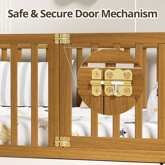 LLS Queen Size Floor Bed with 21.6" High Fence for Kids Boys Girls, Solid Wood Multifunctional Montessori Bed Frame with Door, Without Slats, Light Espresso