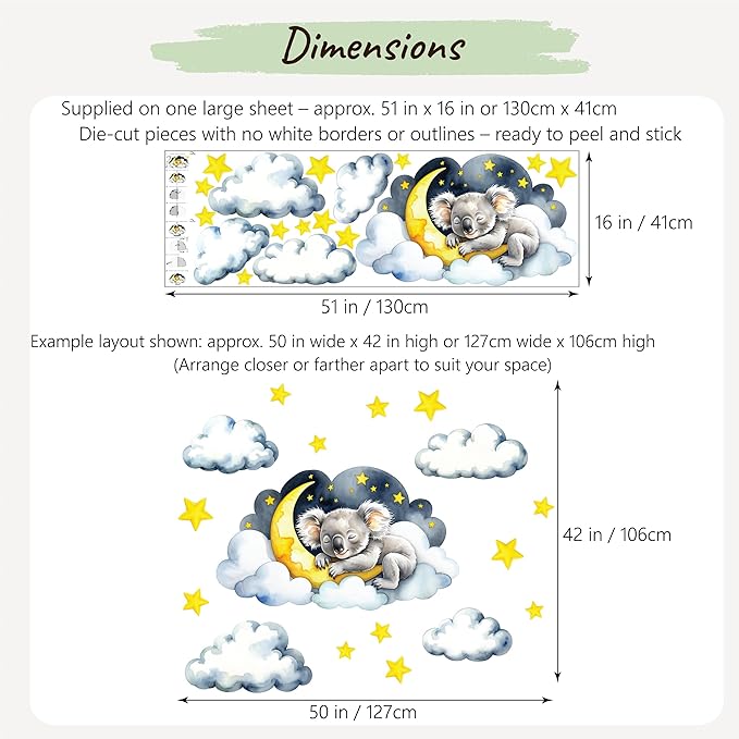 Boho Nursery Wall Decals - Dreamy Watercolor Koala Sleeping on Cloud | Multi-Piece Set with Clouds, Moon & Stars | Removable Fabric Wall Art for Kids Room