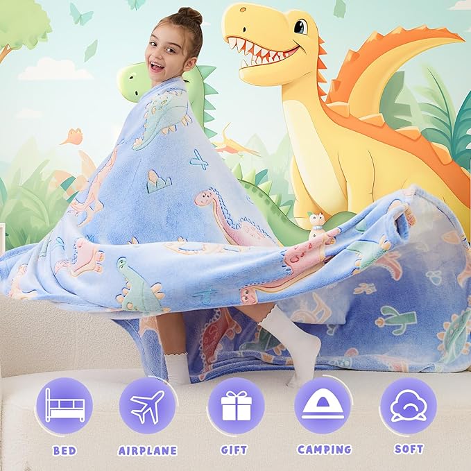 inhand Dinosaur Gift Toys for Kids Glow in The Dark Dinosaur Blanket for Boys Girls Fluffy Cozy Fleece Kids Blanket Birthday Christmas Halloween Easter Child Gifts Blue 50"x60"
