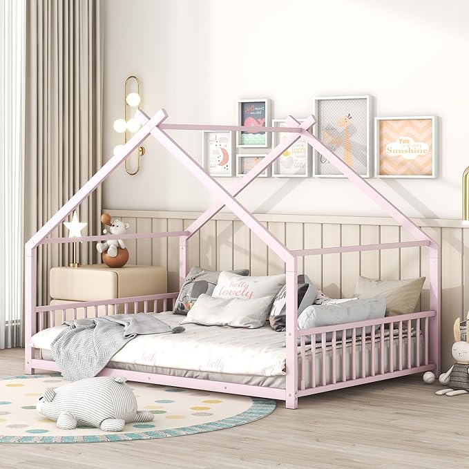 Full Size House Shaped Montessori Platform Beds, Wood Floor Bed Frame with Roof and Fence Deisgn, Kids Double Toddler Bed for Children Boys Girls, Easy Assemble, No Box Spring Needed, Pink