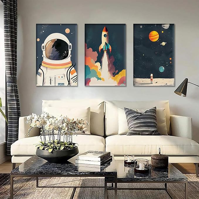 3Pcs Astronaut Wall art Nursery Space Adventure Posters Prints Rocketship Wall Decor Explore Dream Galaxy Canvas Prints Funny Planet Painting for Boys Girls Kids Bedroom Living Framed