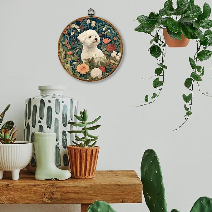 Hiuwevt Vintage Floral Bichon Frise Round Wall Art Decor, Bichon Frise Gifts Framed Canvas Prints, Cottagecore Flower Dog Round Wall Hanging Decor for Home Bedroom Room Decorations, 10x10 Inches