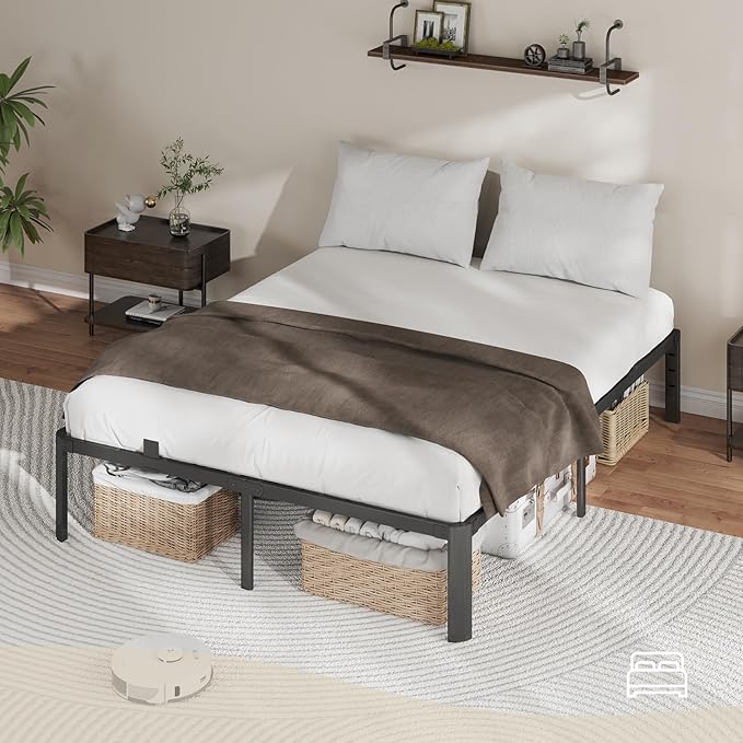 Metal Bed Frame Full Size, 14 Inch 3500 lbs Heavy Duty Platform Bed Frames Steel Slats Noise Free No Box Spring Needed, Easy Assemble Sturdy Bedframe Rounded Corner with Storage and Mattress Retainers