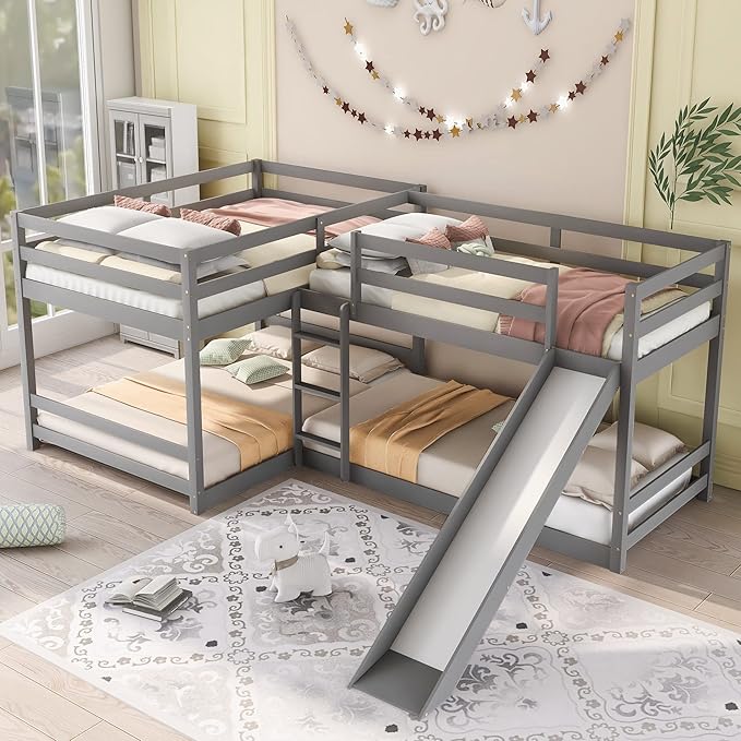 L-Shaped Full and Twin Size Bunk Bed with Slide and Short Ladde, Solid Wood 4 in 1 Design Quad Bunk Bed Frame with Safety Guardrail for Aldults Kids Teens (Gray-4)