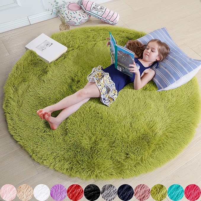 Grass Green Small Round Rug 3Ft for Bedroom, Fluffy Shag Circle Area Rugs for Kids Room Classroom Nursery, Cool Living Room Decor Aesthetic, Cute Fuzzy Moss Floor Circular Carpet for Preppy Dorm