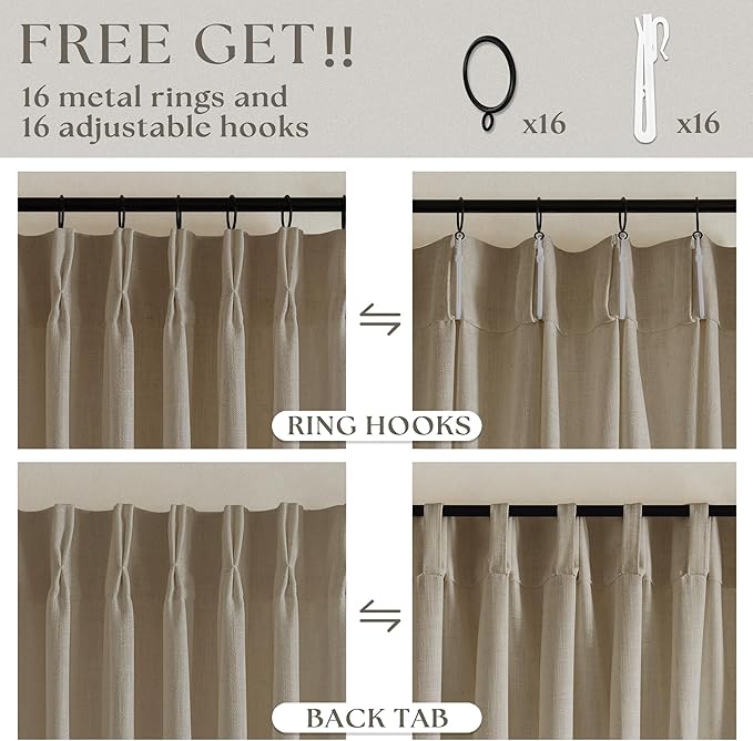 Neutral Pinch Pleated 96 Inch Curtains 2 Panels Set for Windows Flax Linen Textured Drapes Pinch Pleat Back Tab Privacy Light Filtering Greige Curtain Drape with Hooks Rings for Living Room Bedroom