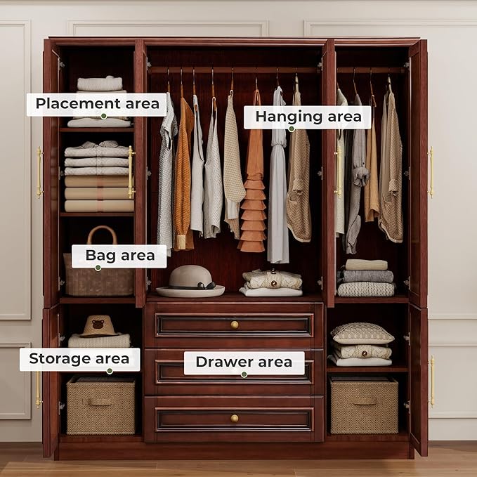 Solid Wood Armoire:Large Wardrobe Closet with Drawers and Hanging Rod,Storage Cabinet Clothes Organizer for Bedroom Cherry Finish