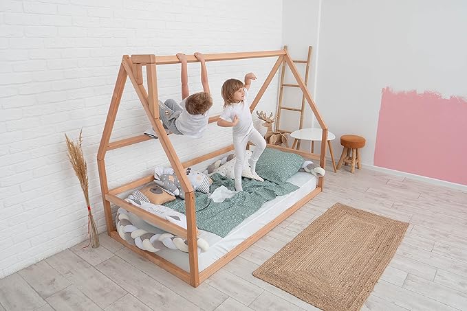 Montessori House Floor Bed - Toddler Floor Bed for Kids - King Low Kids Bedframe - Water Based Paint Used - 5 Sizes: Small, Twin, Full, Queen (Model 1)