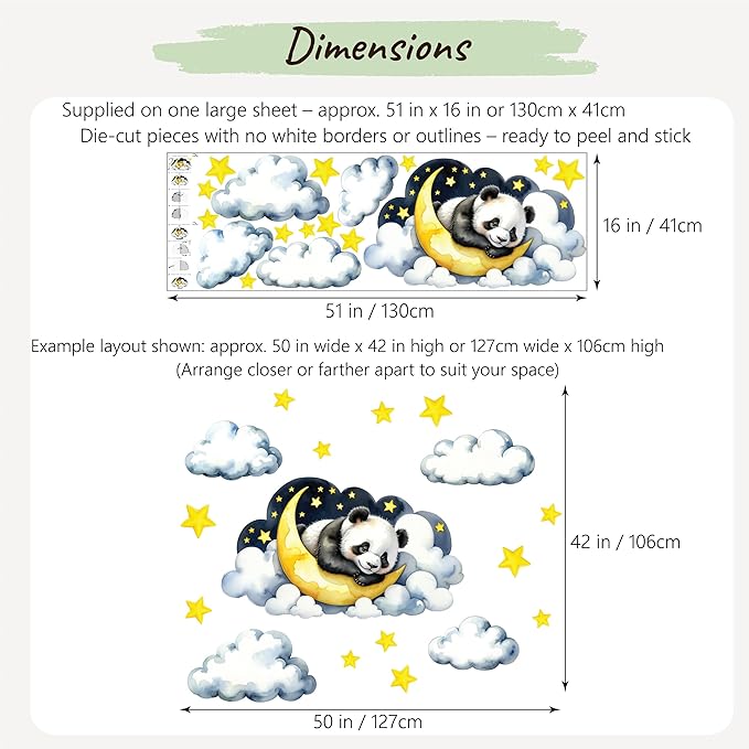 Boho Nursery Wall Decals - Dreamy Watercolor Panda Sleeping on Cloud | Multi-Piece Set with Clouds, Moon & Stars | Removable Fabric Wall Art for Kids Room
