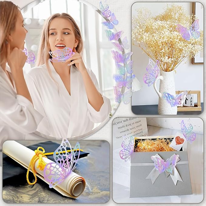 96 Pcs Butterfly Decorations 3 Sizes 4 Styles 3D Butterfly Wall Decor Party Decorations Butterflies for Crafts Birthday & Wedding Celebrations Cake Decorating Balloons Removable Stickers Dazzling