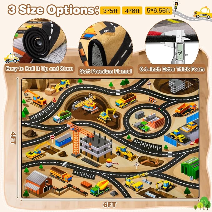 Kids 4x6 Ft Construction Site Car Rug - Extra Thick (0.4in),Tufted Wool & Rubber, Non-Slip, Stain & Fade Resistant, Machine Washable, Rustic Cartoon Construction Site Pattern