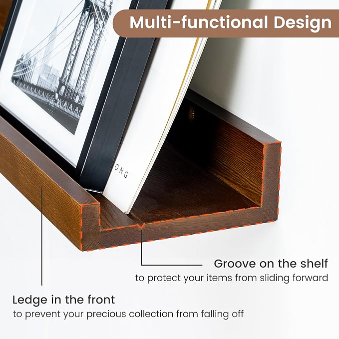 Picture Ledge Wall Shelves - Set of 3, 56 inches Width, Solid Pine Wood Rustic Floating Ledge Shelves for Kids' Room, Bedroom, Kitchen, Bathroom, Walnut