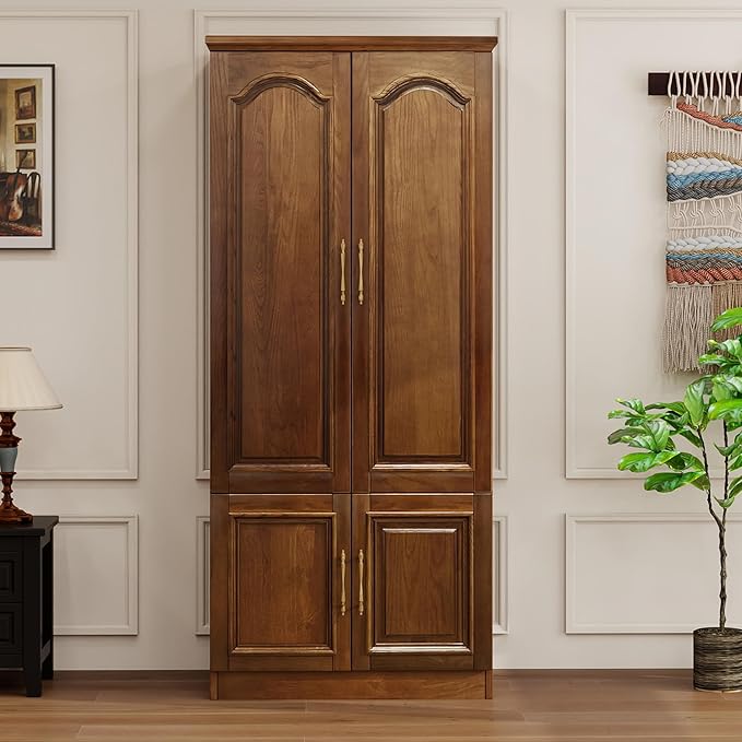 Solid Wood Wardrobe Closet:TemkTuek 70.87" Armoire,Clothing Storage Cabinet with Doors,Shelves and Hanging Rails,Vintage Freestanding,Bedroom,Wood Grain Color(22)