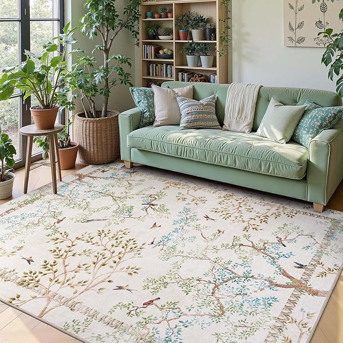 jinchan Yarden Botanical Birds 5x7 Ivory Area Rugs for Living Room Washable Non-Slip Soft Nature Plants Modern Kids Carpet Vintage Ultra Thin Low Pile Indoor Rug for Bedroom Nursery Playroom
