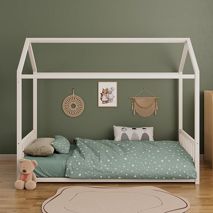 Merax Twin Floor Bed Frame, Montessori Style Metal House Shaped Kids Bed with Vertical Safety Guardrails, No Slats, Grounded Design for Kids and Toddlers, Easy Assembly, White