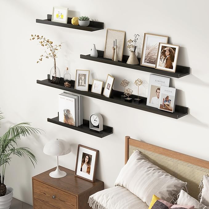 Picture Ledge Wall Shelves 56 Inches Width Set of 3, Solid Pine Wood Rustic Floating Ledge for Kids' Room Bedroom Kitchen Bathroom, Long Floating Shelves for Wall Decor, Black