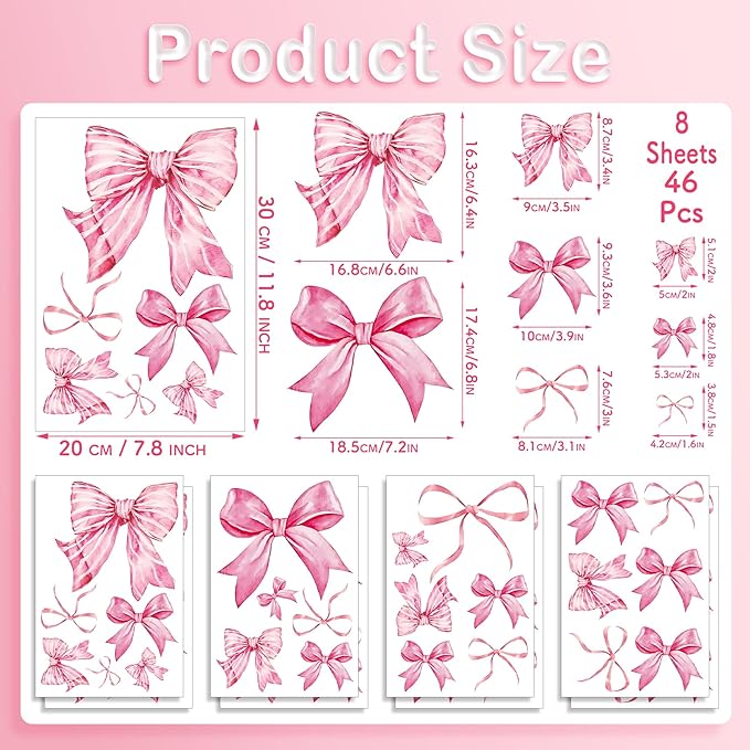 Pink Bow Wall Stickers, 8Sheets 46Pcs Bow Knot Wall Decals Watercolor Bow Wallpaper Peel and Stick for Nursery Kindergarten Girls Bedroom Coquette Room Décor