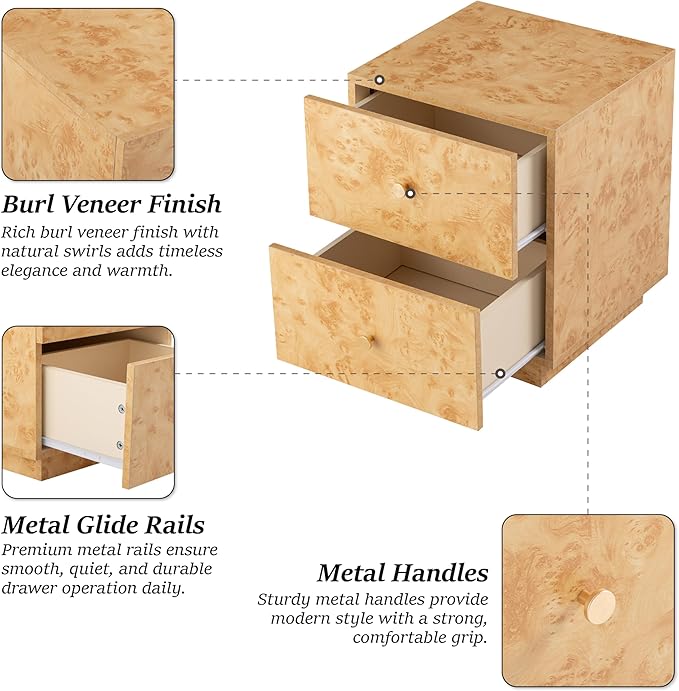 Modern 2 Drawer Nightstand with Elegant Burl Finish, Wood Bedside Table with Storage, Stylish Accent Side Table for Bedroom, Home Décor and Small Space Furniture