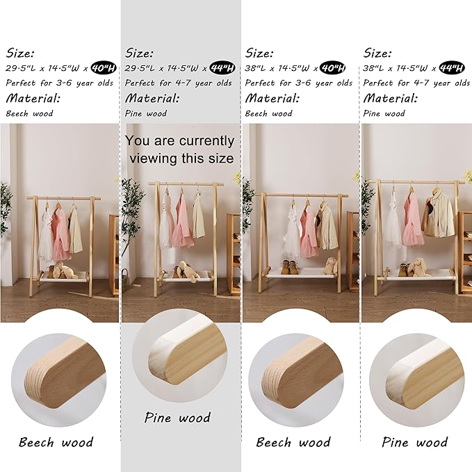 Dress up Rack, Child Garment Rack, Kids Clothing Rack with Storage Shelf (Natural Pine, 29.5" L x 14.5" W x 43.7" H)
