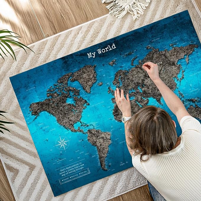 ElephantStock - My World Push Pin Travel Map Iii Wall Art - Horizontal Canvas Wall Art - Living Room Wall Decor - Digital Art Map Canvas Art - Turquoise And Blue Decor - 48" x 32"