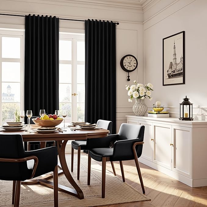 Guken Black Linen 100% Blackout Curtains for Bedroom 84 Inch Length 2 Panels Back Tab Hook Belt Light Blocking Thermal Insulated Noise Cancelling Linen Textured Living Room Dining Room 52x84 7Ft