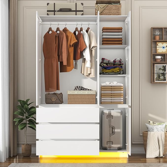 3 Doors Armoire Wardrobe Closet with 3 Drawers & Mirror, Modern Wooden Bedroom Armoires with Hanging Rod Led Lights for Bedroom, White