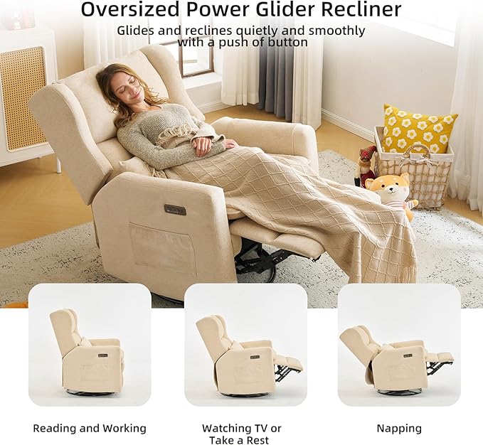 Oversized Swivel Rocker Recliner Chair, 26" Extra Wide Glider Nursery Chair with Adjustable Headrest, Chenille Power Recliner Rocking with Double Cushion, Cup Holder, Beige