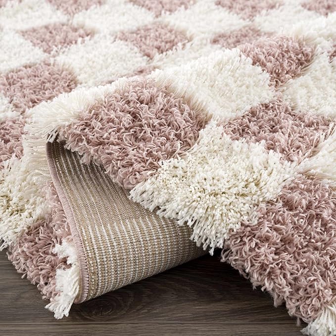 Hauteloom Atira Contemporary Checkered Fluffy Shag Area Rug - Modern Geometric Carpet Tiles for Living Room, Kids Room, Nursery - Plush Pile - Pink, Cream, White - 7'10" x 10'3"