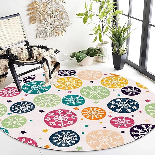 White Snowflakes Round Rug Winter Stars Circle Rugs for Bedroom Dorm Living Room White Bohemian Christmas Area Rug Floor Mat Pad Doormat Carpet, 6'X6'(180x180cm)