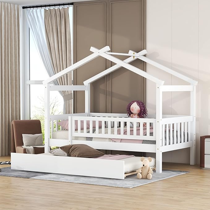 Merax Twin Size Wooden House Bed with Twin Size Trundle, Wood Bed Frame with Roof and Safety Guardrail for Kids, Teens, Boys or Girls, White